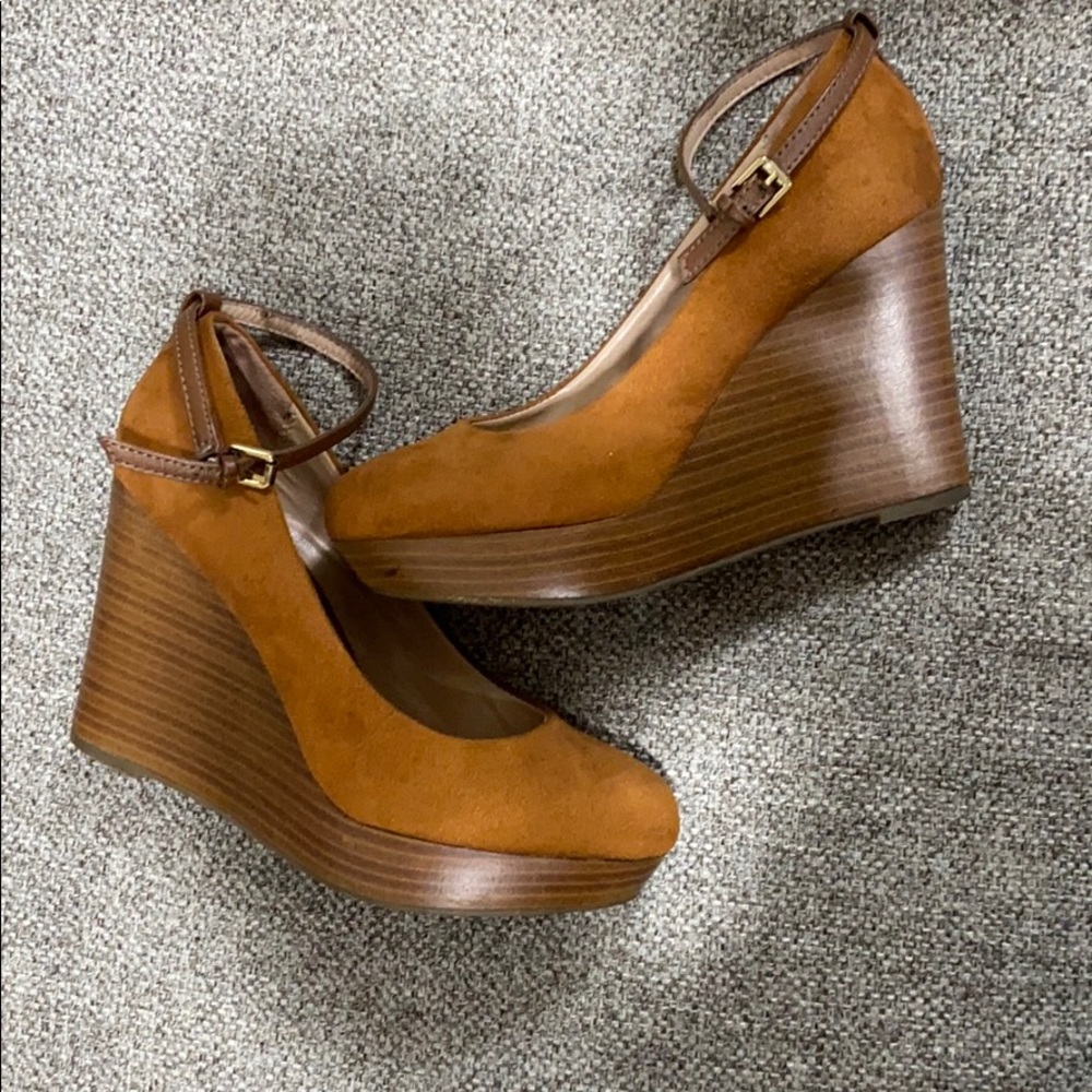 Camel colored wedges with ankle strap